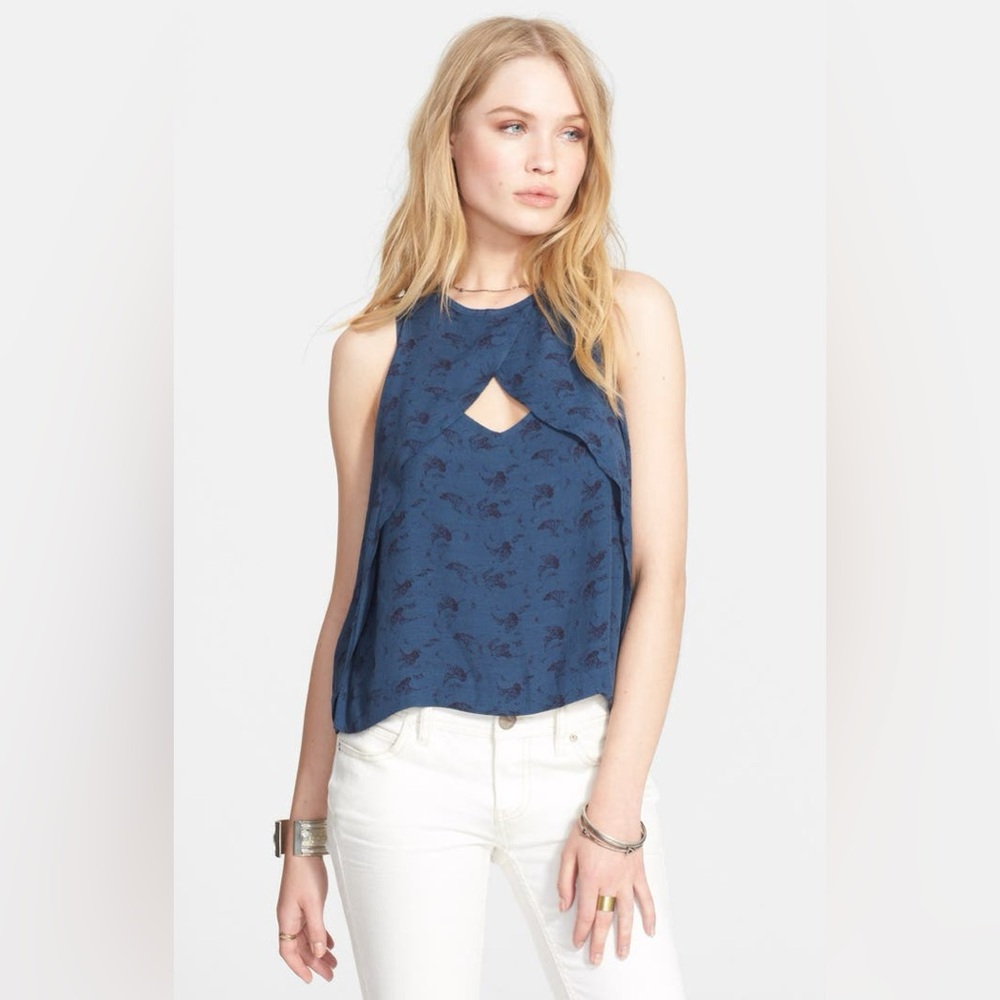 Free People Crinkle Printed Look Through Top-Indigo Combo